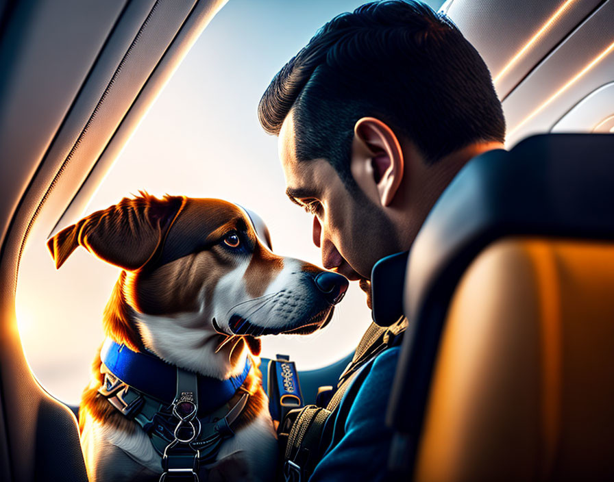 Man and dog sharing tender moment in car under warm sunlight