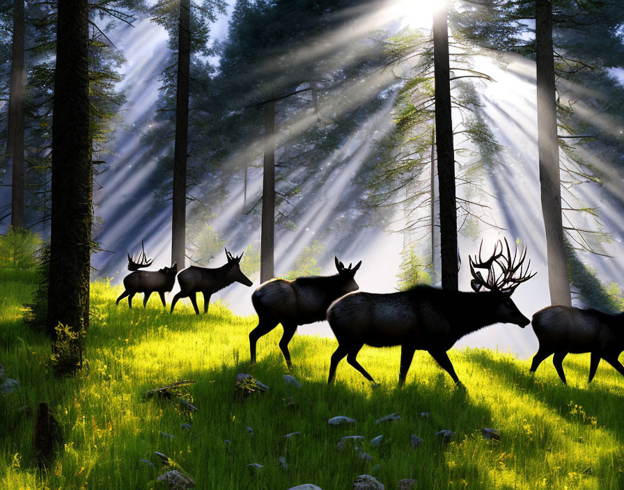 Majestic elks in lush forest with sunbeams