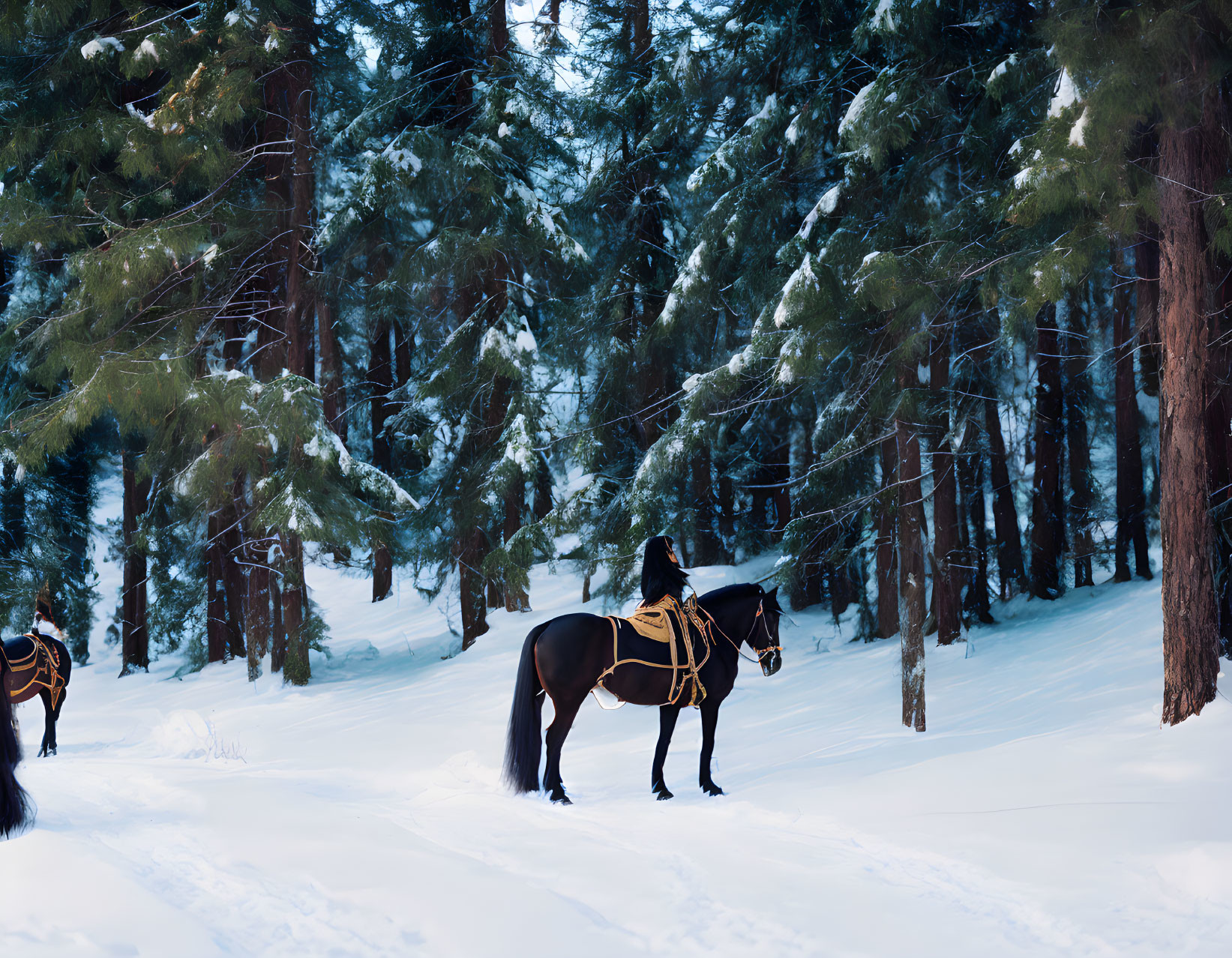 Snowy forest scene: Two horses with riders in serene wintry setting