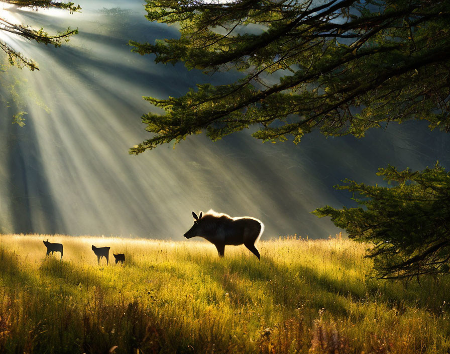 Wildlife scene: Warthog and deer in sunlit clearing