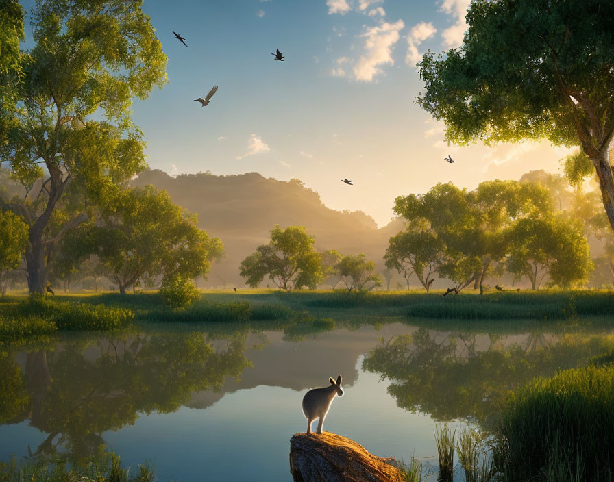 Tranquil Sunrise Landscape with Rabbit by Lake