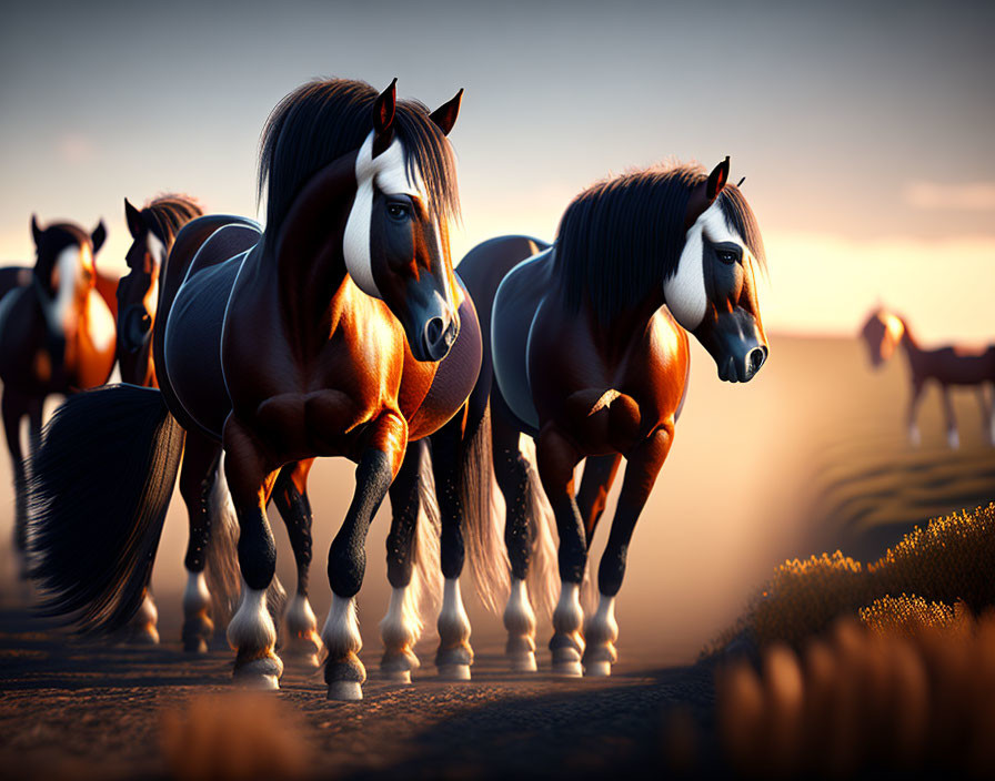 Shiny-coated horses with flowing manes in sunset-lit field