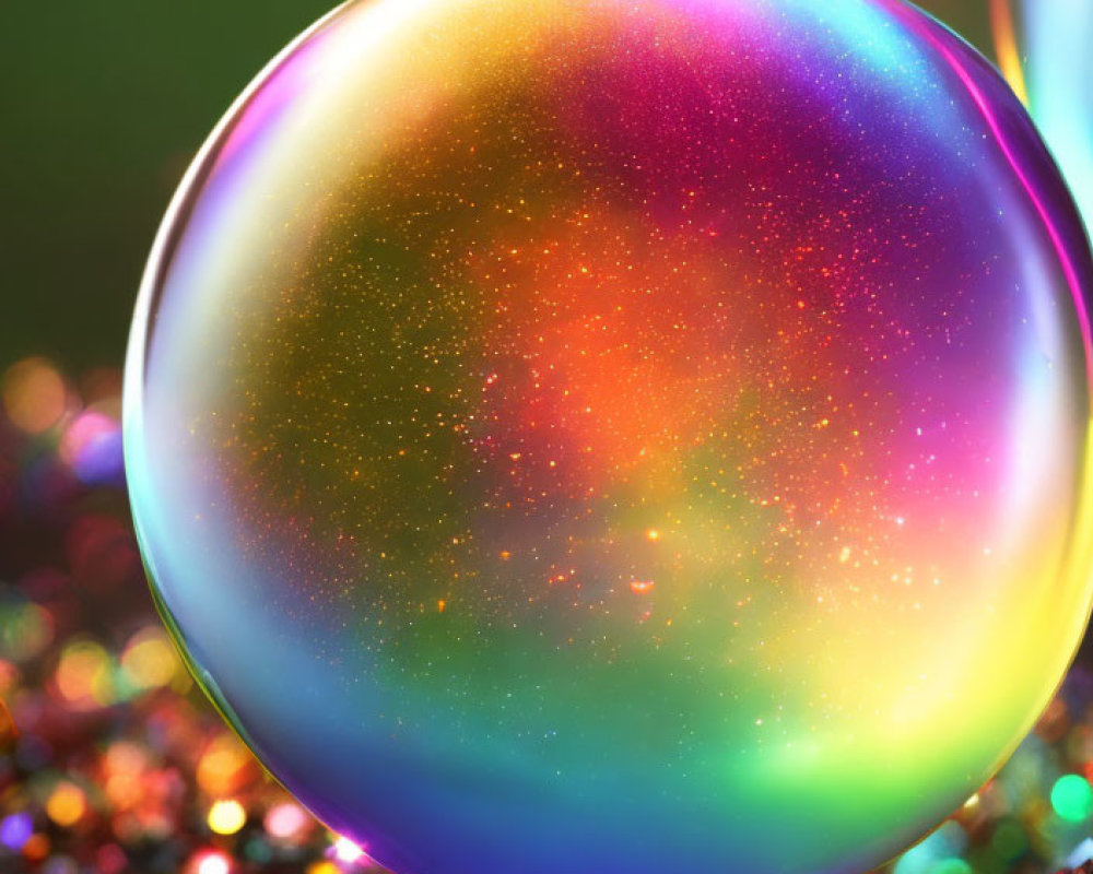 Iridescent Bubble on Multicolored Particles with Blurred Background