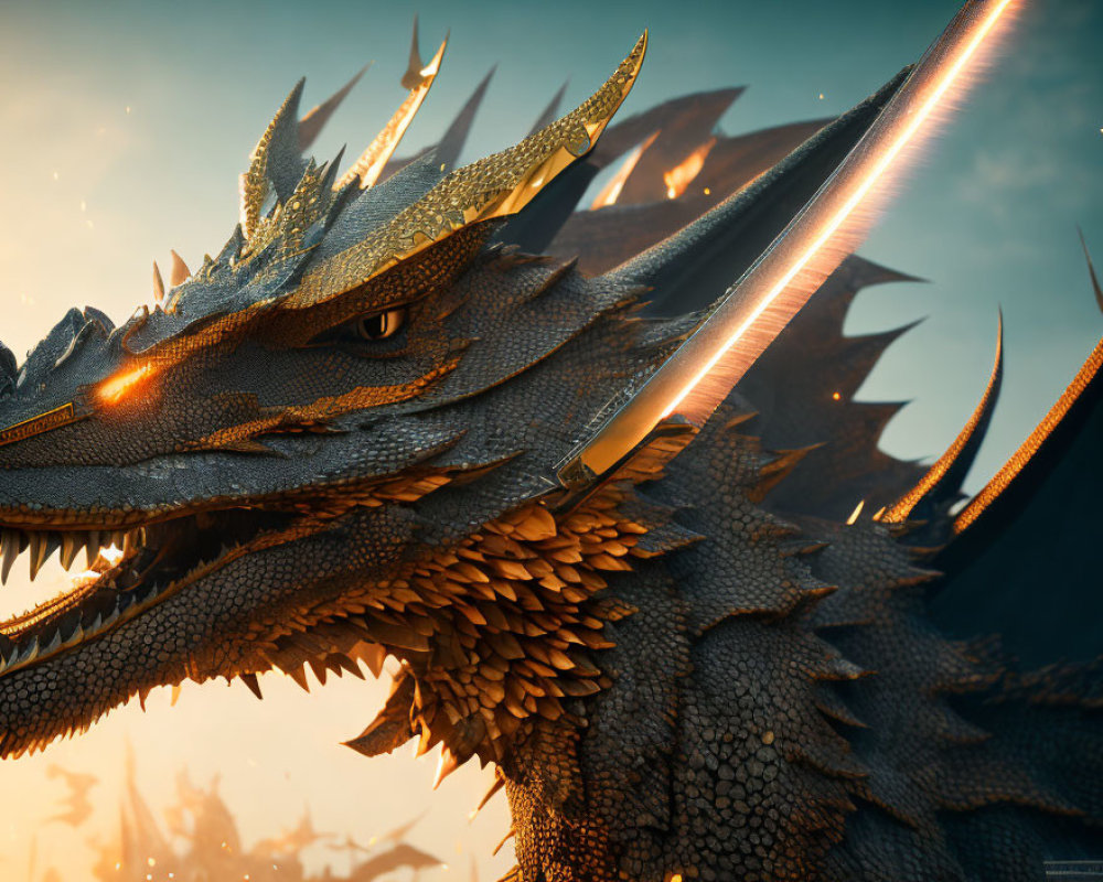 Detailed Close-Up of Dragon with Intricate Scales and Glowing Eyes Against Sunset Sky