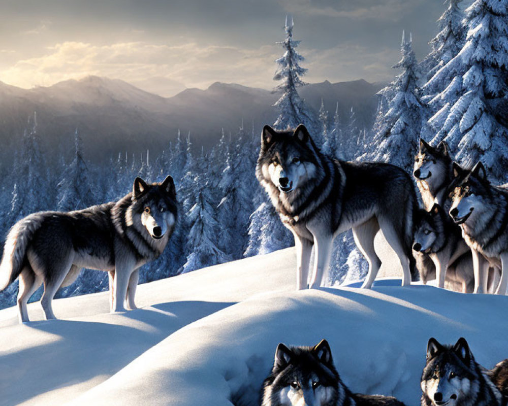 Wolves in snowy forest at sunset