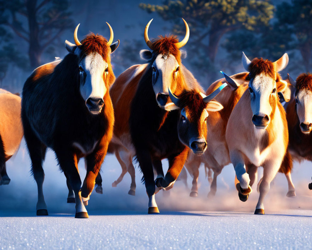 Wild horses with thick manes galloping in snowy forest at dusk