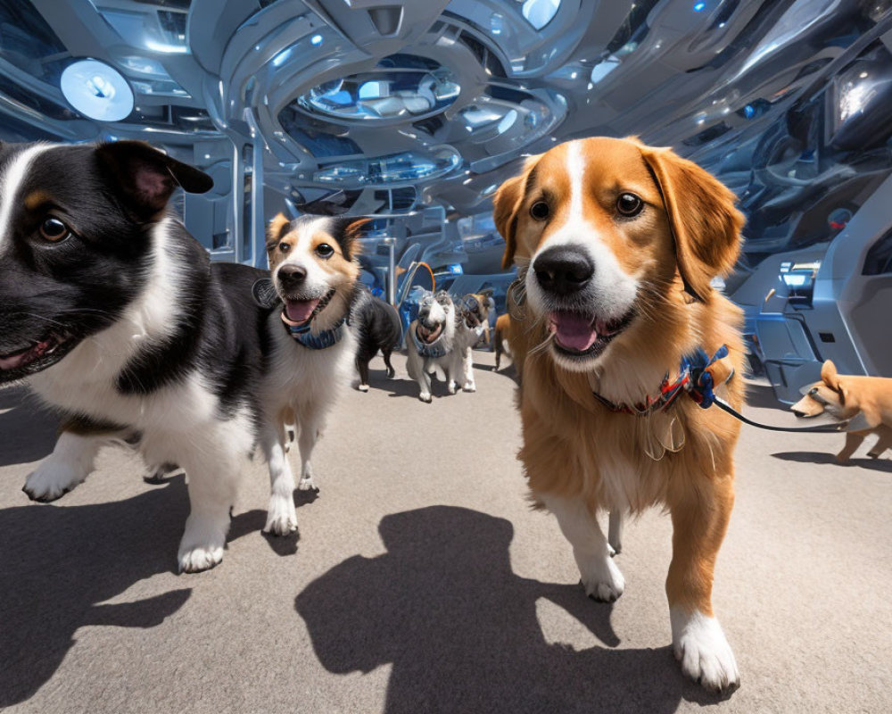 Futuristic collars on dogs in sci-fi spaceship