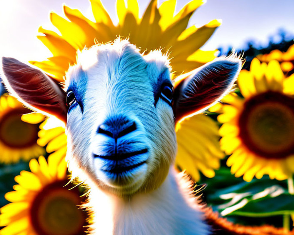 Sunflower halo effect on playful goat under blue sky