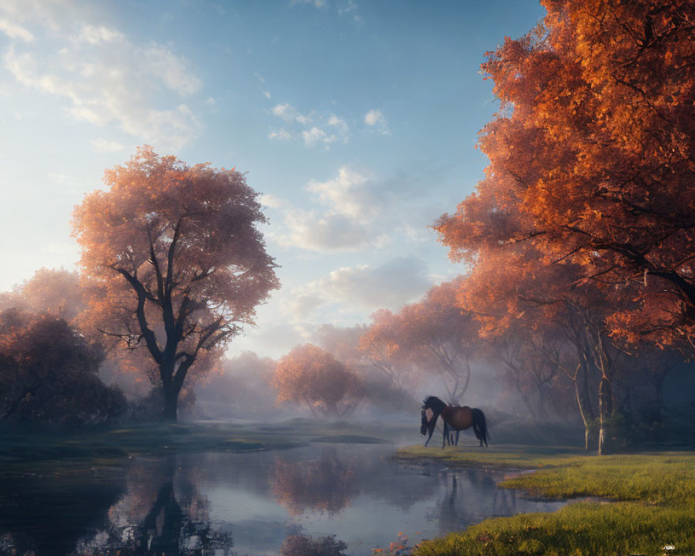 Tranquil horse by misty lake in autumn forest