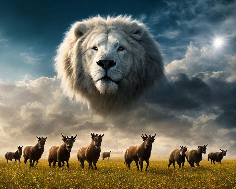 White lion head above antelopes in vibrant field under dynamic sky