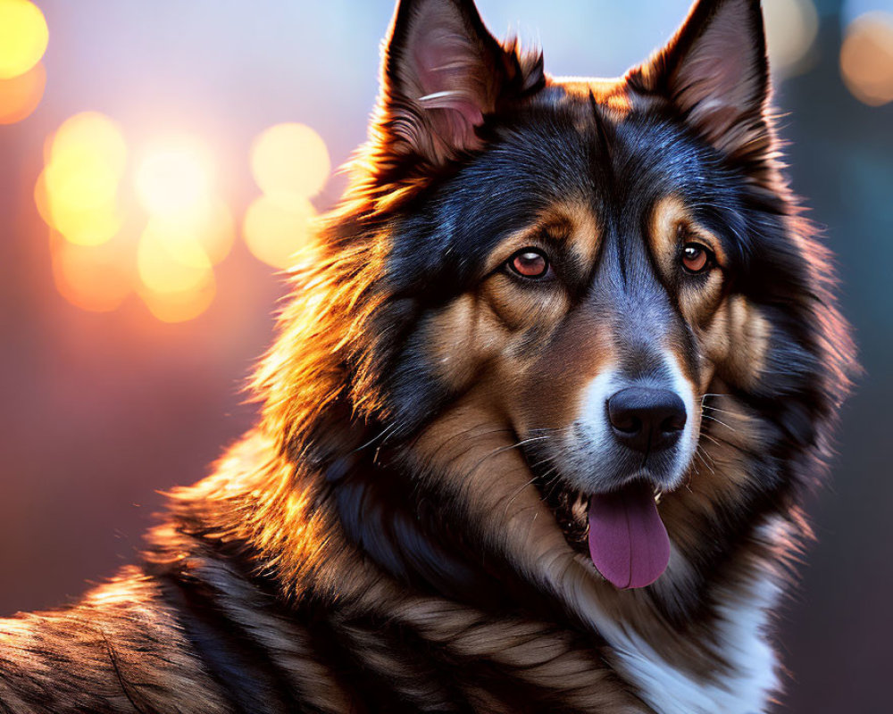 Close-Up Image of Dog with Lustrous Fur and Warm Backlit Bokeh Light Effect