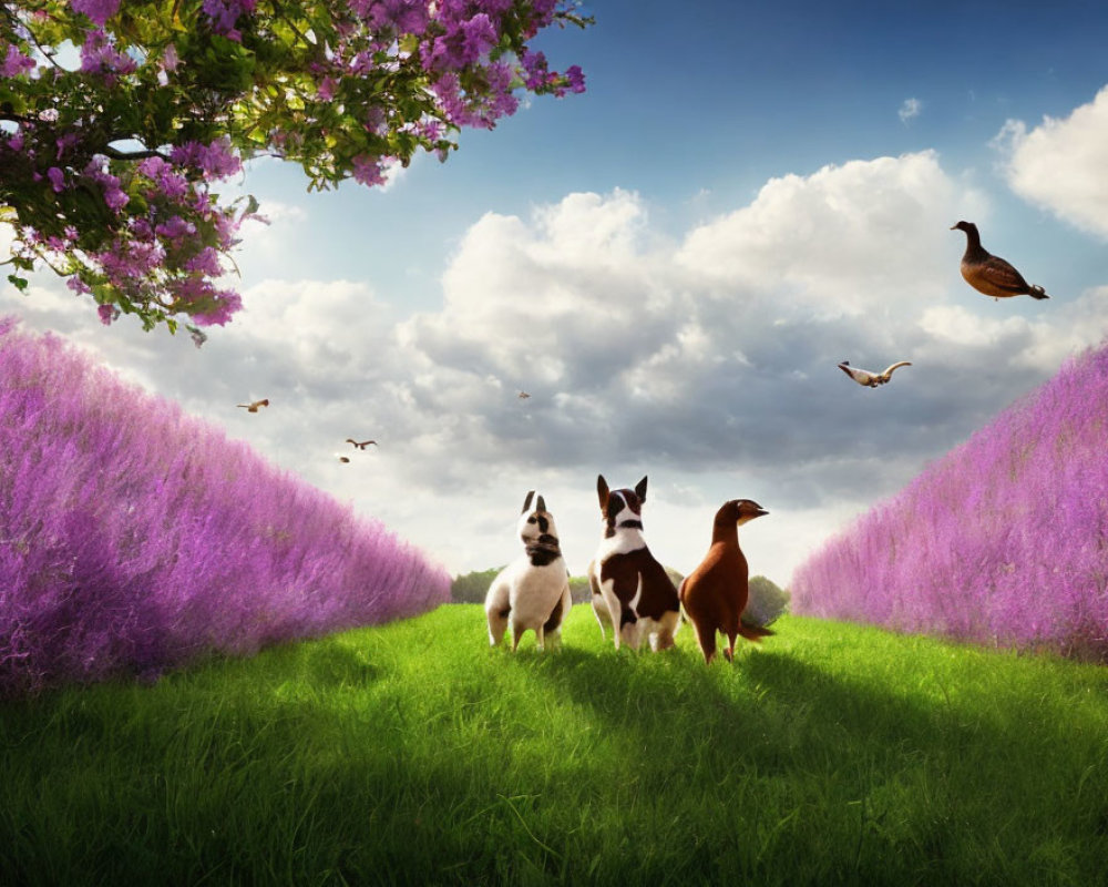 Three dogs in vibrant field with purple flowers, blossoming tree, birds, cloudy sky