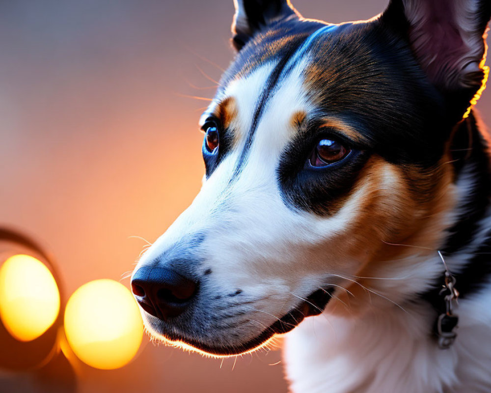 Tricolor dog with pointed ears in warm glowing lights at dusk