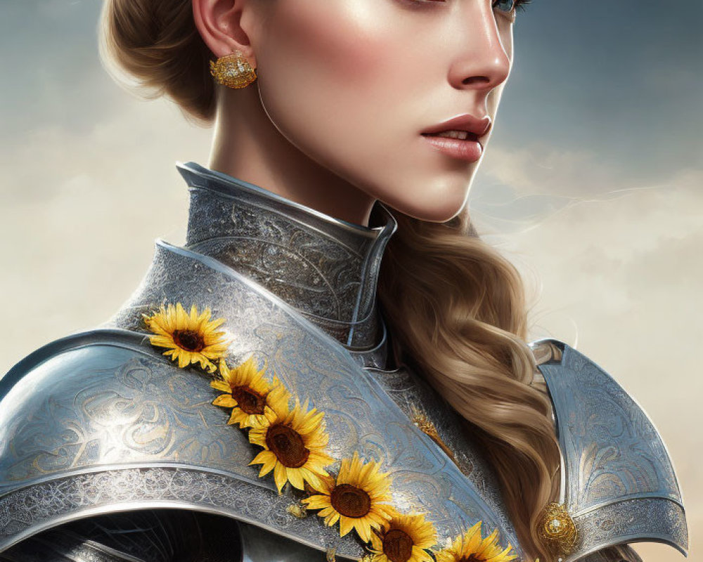 Blonde woman in bun with medieval armor and sunflowers under cloudy sky