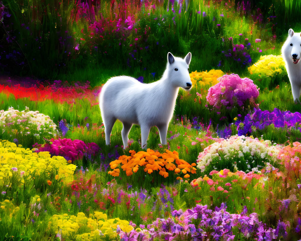 Colorful Garden Scene with Stylized Bear-like Creatures Among Flowers