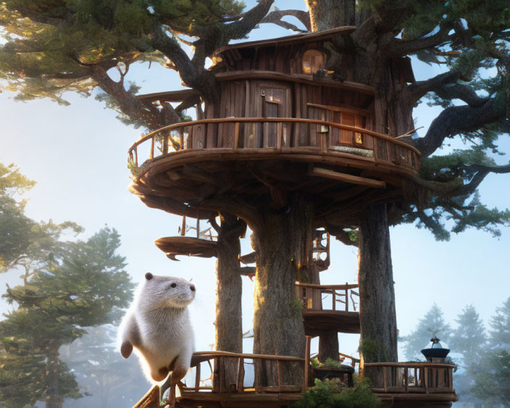 Whimsical treehouse with white creature in sunlit forest