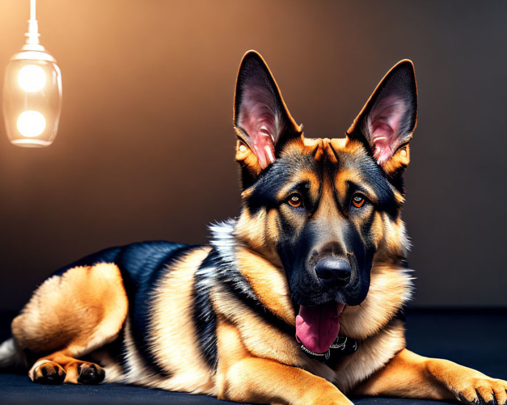 Alert German Shepherd dog lying down in warm light