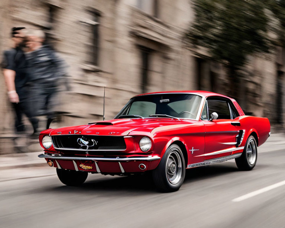 Vintage Red Mustang with Motion Blur on Street, People Walking in Background