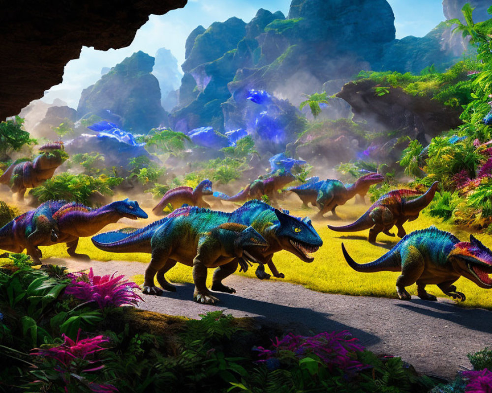 Vibrant prehistoric landscape with colorful dinosaurs and lush flora