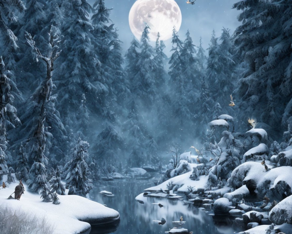 Snow-covered pine trees, calm river, animals, full moon in serene winter night scene