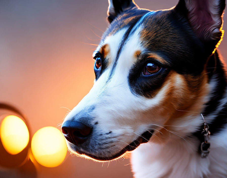 Tricolor dog with pointed ears in warm glowing lights at dusk