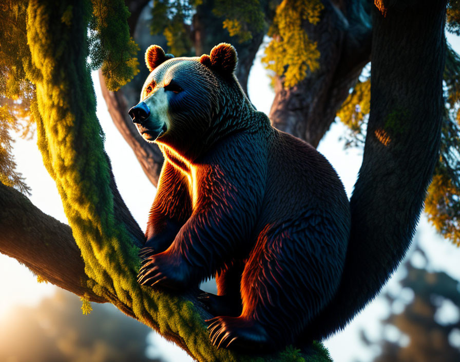 Brown Bear Resting on Mossy Tree Branch in Sunlit Forest