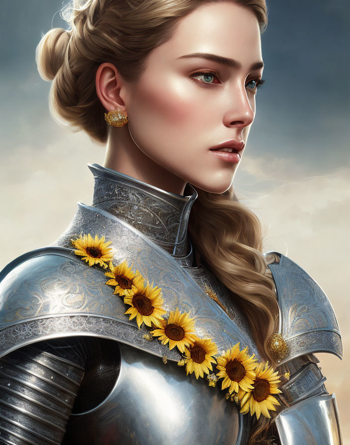 Blonde woman in bun with medieval armor and sunflowers under cloudy sky