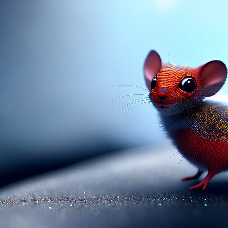 Vibrant Red Mouse with Shiny Eyes on Sparkling Surface