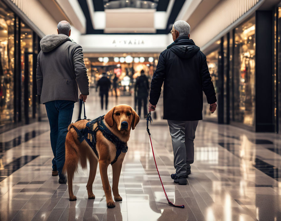 Two people with a service dog walking in shopping mall corridor with bright lighting.