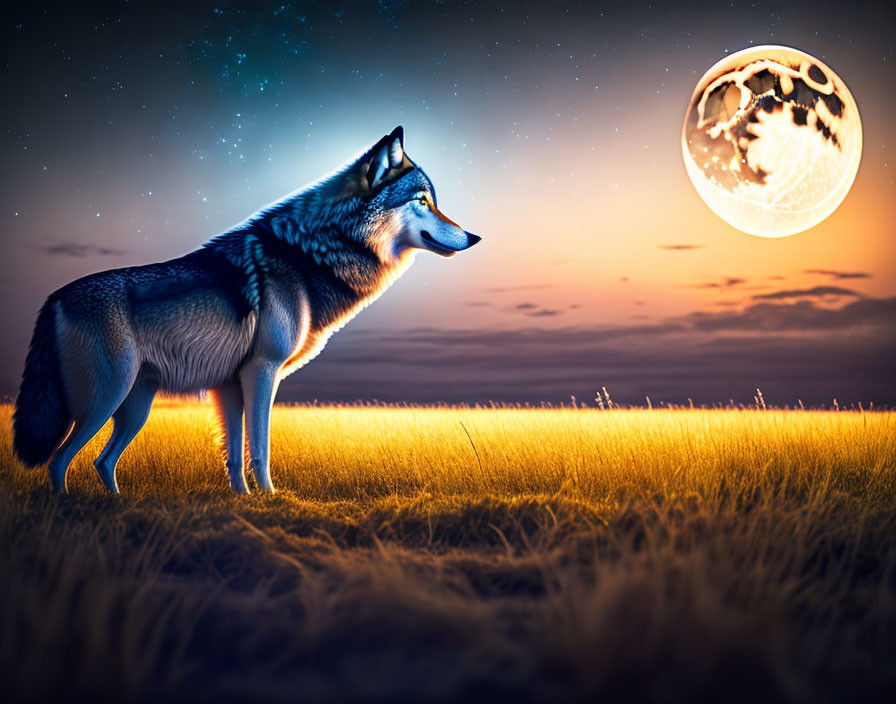 Detailed Lone Wolf in Field Under Full Moon at Dusk