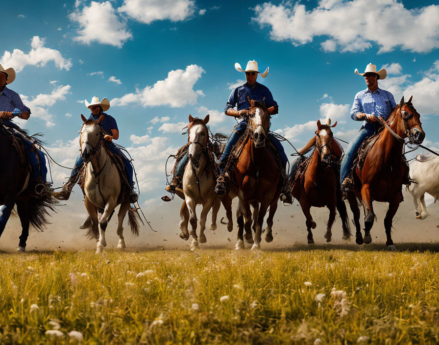 Four cowboys on horses under blue sky with clouds.