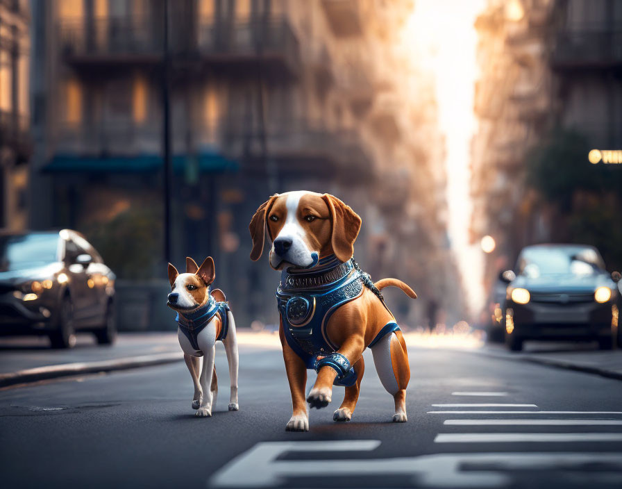 Urban scene: Two dogs in harnesses stroll city street under warm sunlight.