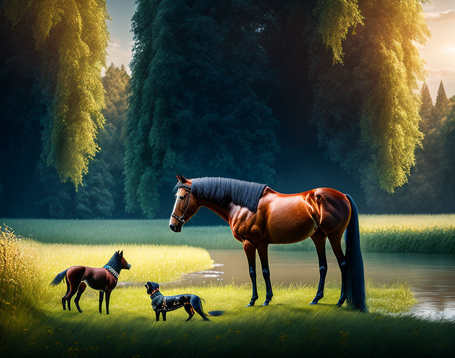 Tranquil horse and two smaller equine figures by a pond amid green trees