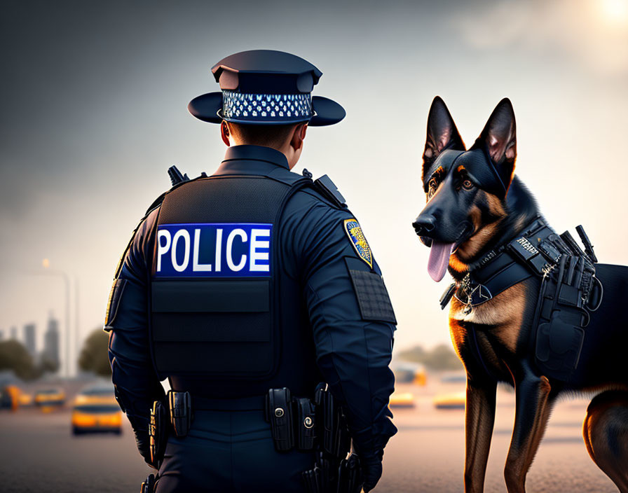 Police officer and German Shepherd K9 unit overlooking city skyline on cloudy day