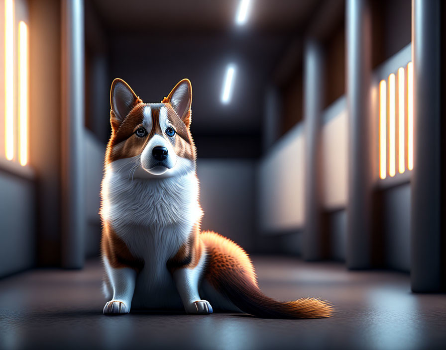 Welsh Corgi in futuristic corridor with metallic floor and illuminated panels