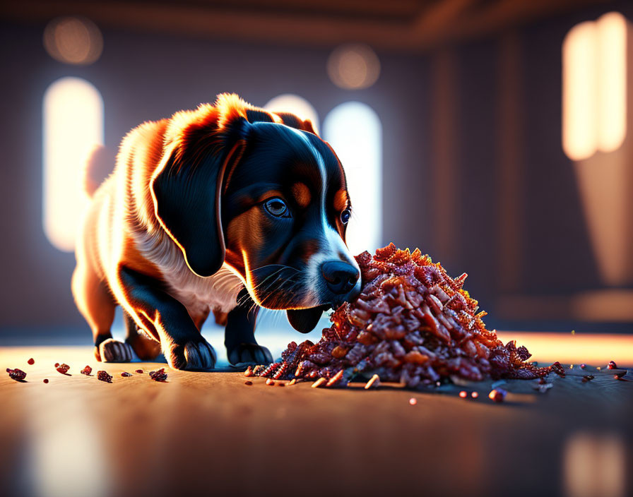 Curious dog exploring kibble on sunny indoor floor