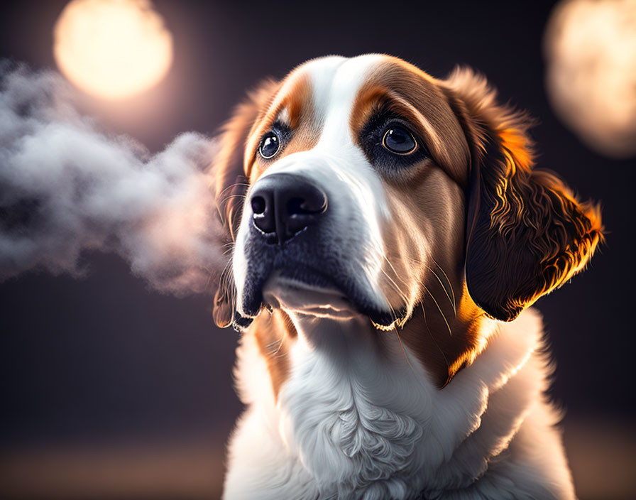 Brown and White Fur Dog Close-Up with Glowing Bokeh Lights