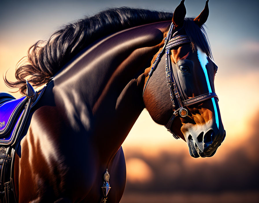 Majestic brown horse with ornate bridle and saddle in warm landscape.