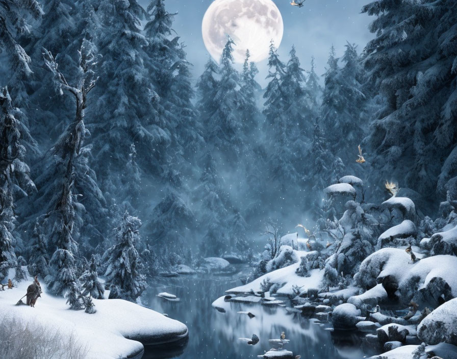 Snow-covered pine trees, calm river, animals, full moon in serene winter night scene