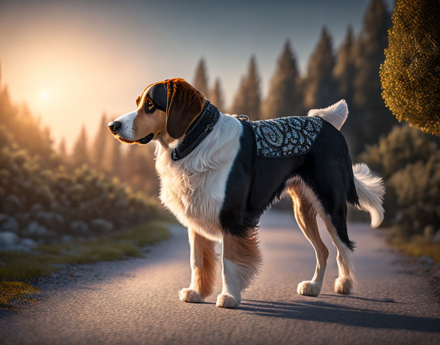 Tricolor dog with bandana in serene forest sunset scene