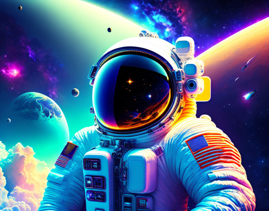 Astronaut in spacesuit with reflective visor in cosmic scene.