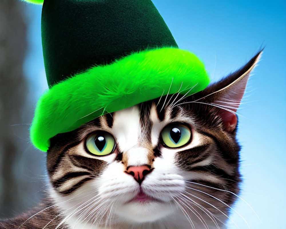 Brown and White Striped Cat with Green Elf Hat on Blue Background