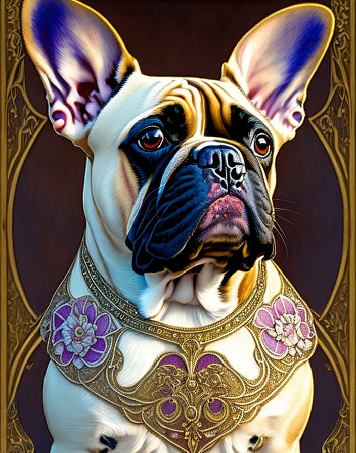 French Bulldog Portrait with Bat-Like Ears and Purple Floral Collar