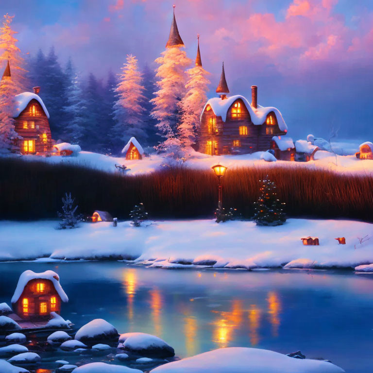 Snowy Village Scene: Illuminated Houses & Christmas Decorations by River at Dusk