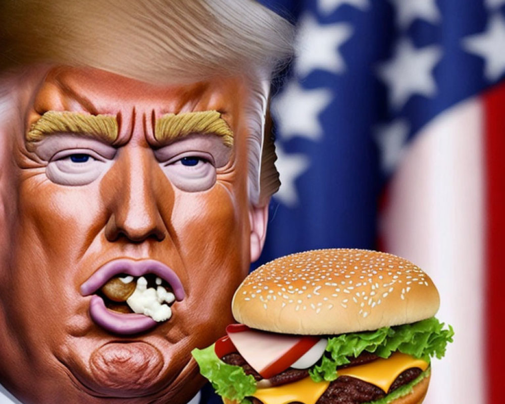 Exaggerated man caricature with American flag, cheeseburger mouth.