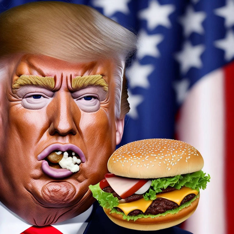 Exaggerated man caricature with American flag, cheeseburger mouth.