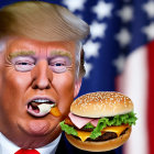 Exaggerated man caricature with American flag, cheeseburger mouth.