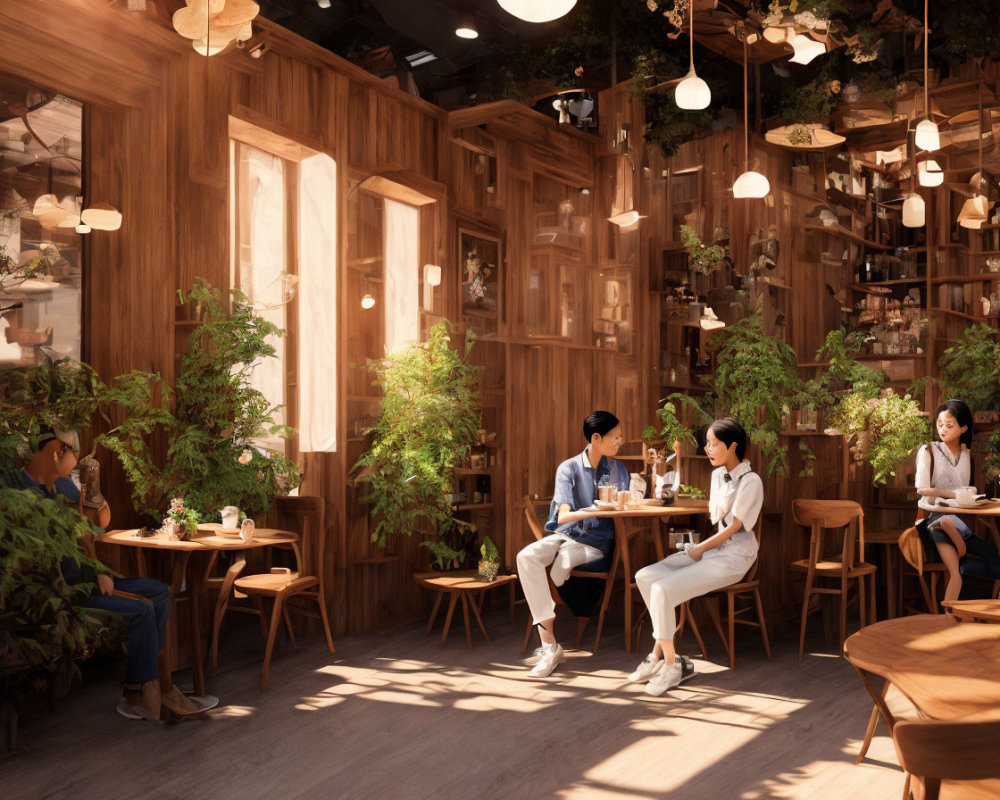 Cozy indoor cafe with wooden decor, plants, and patrons.