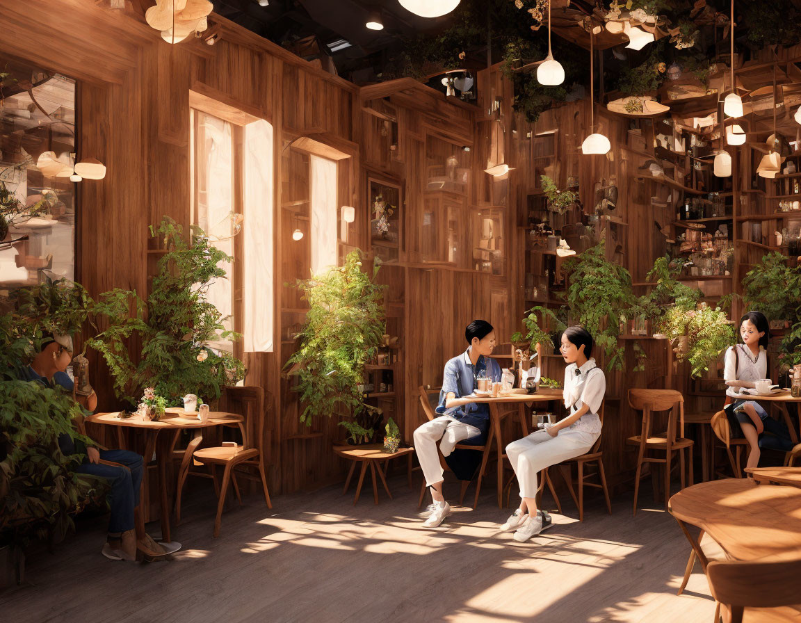 Cozy indoor cafe with wooden decor, plants, and patrons.