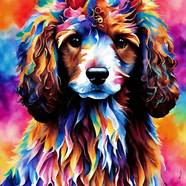 Colorful Watercolor Painting of a Thoughtful Dog